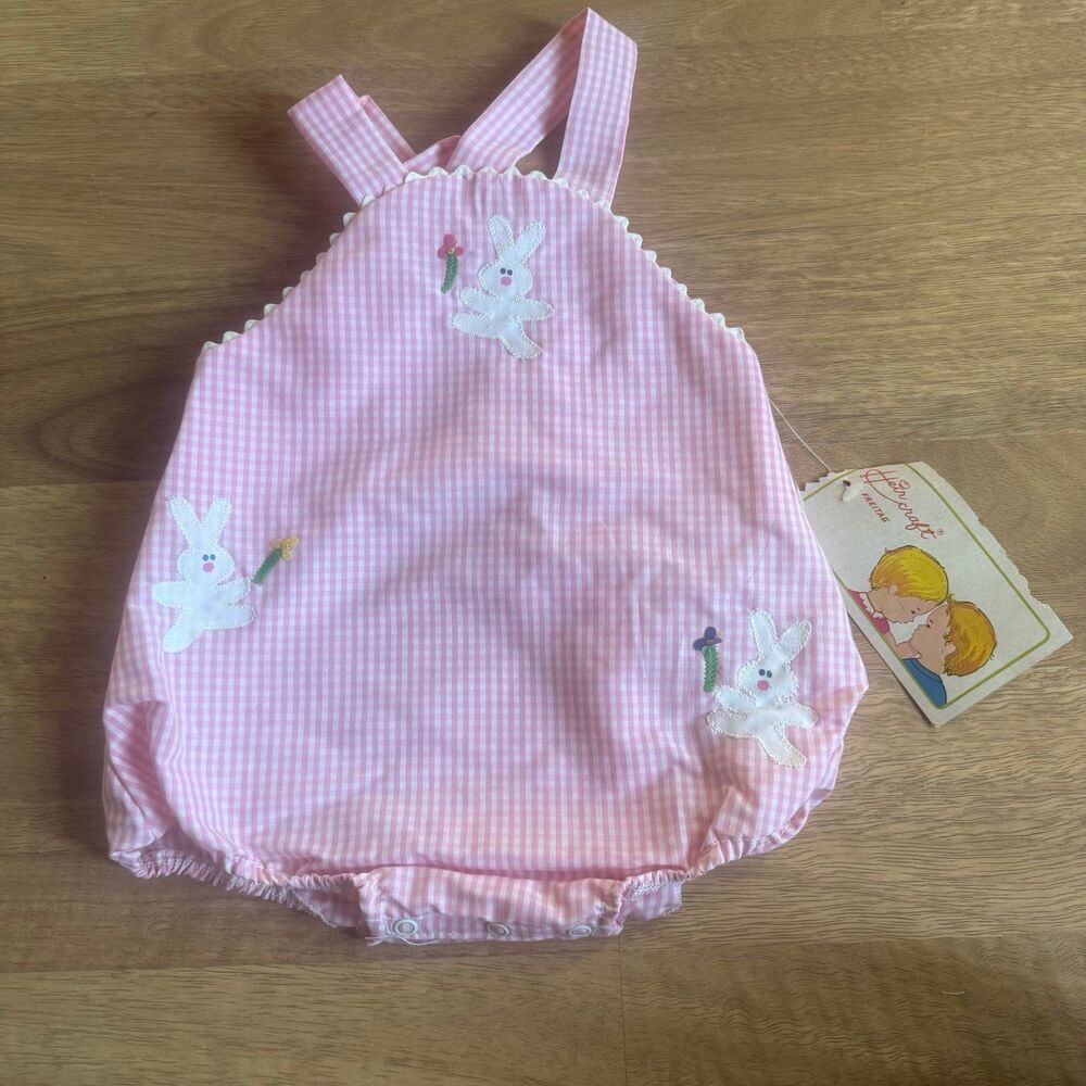 Vintage pink gingham bunny easter baby romper. new old stock with tags